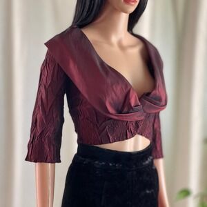 Vintage 90s Burgundy Crinkle Portrait Collar Evening Top Vampire Dark Romance S